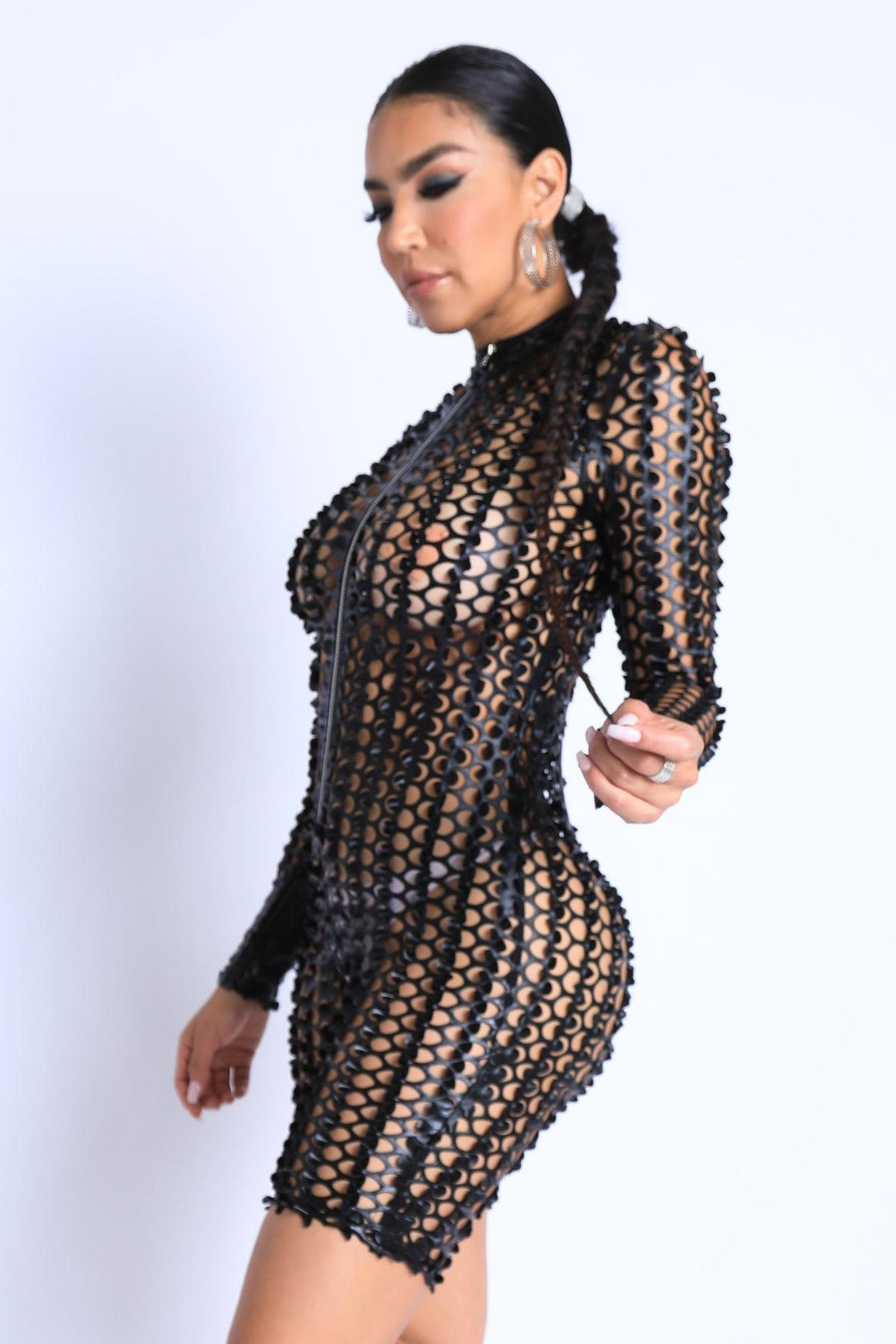 Sexy Club Outfit Romper Long Sleeve Cutting Mesh Bodysuit BLACK - Brand My Case