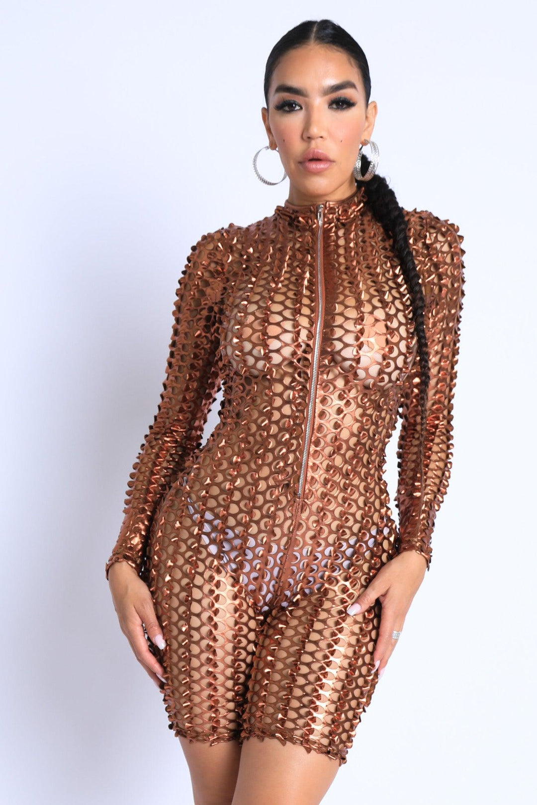 Sexy Club Outfit Romper Long Sleeve Cutting Mesh Bodysuit BRONZE - Brand My Case