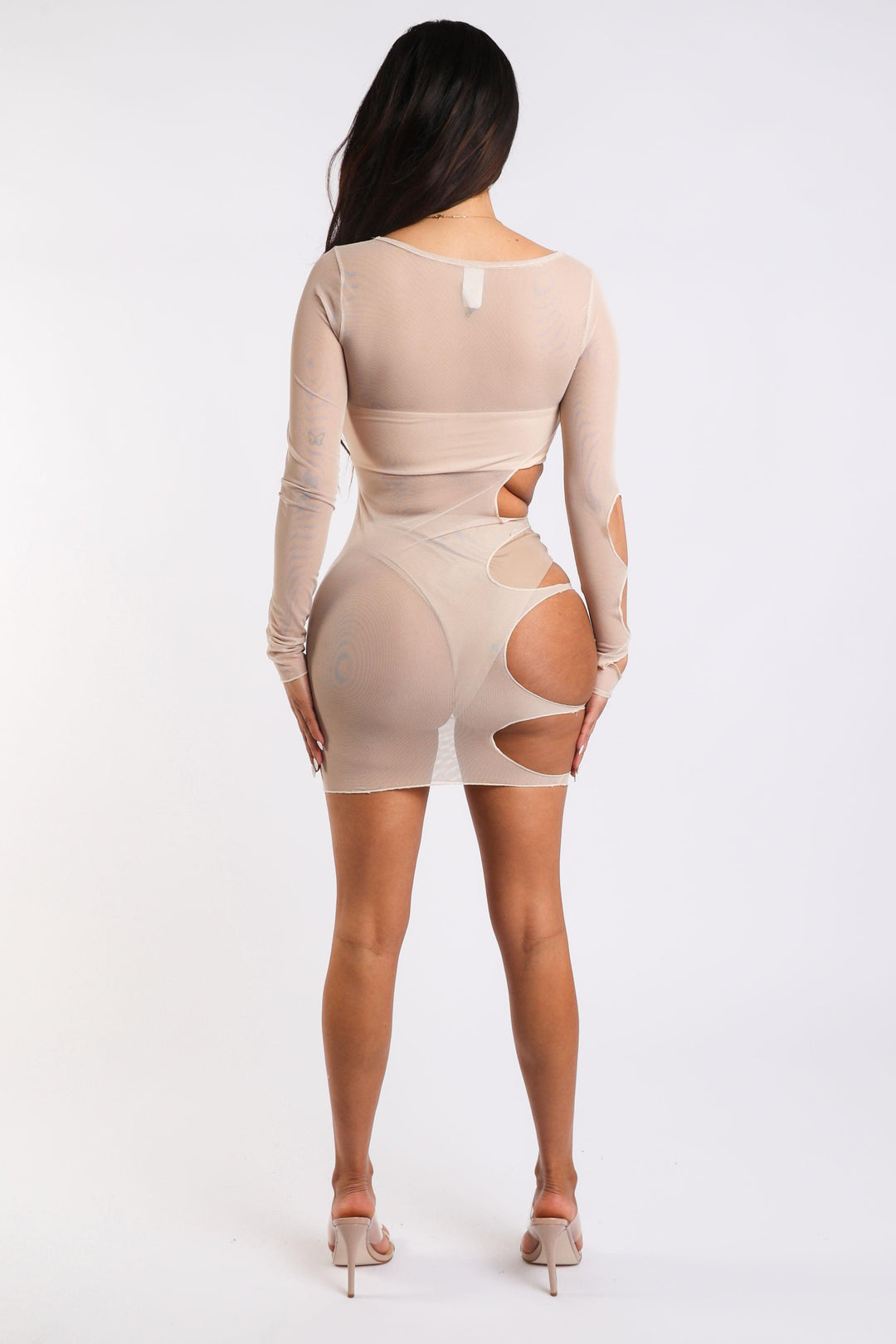 Sexy Cut Out Detailed Long Sleeve Mesh Sheer Dress NUDE - Brand My Case