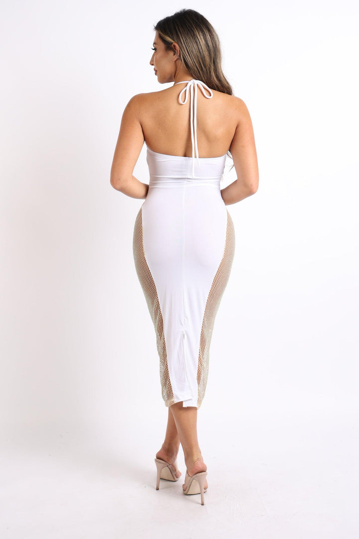 Sexy Cut Out Rhinestone Fishnet Contrast Clubwear Party Dress WHITE - Brand My Case