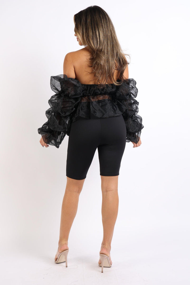 Sexy Organza Sleeve Detailed Top & Matching Shorts 2 Piece Set Black - Brand My Case
