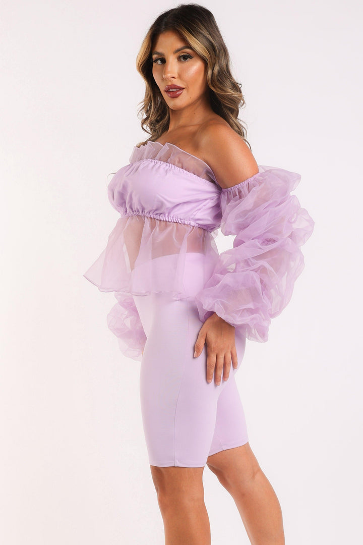 Sexy Organza Sleeve Detailed Top & Matching Shorts 2 Piece Set lavndr - Brand My Case