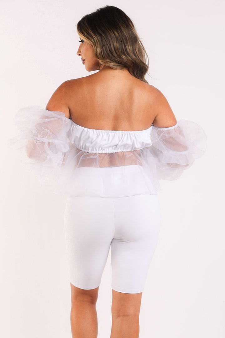 Sexy Organza Sleeve Detailed Top & Matching Shorts 2 Piece Set White - Brand My Case