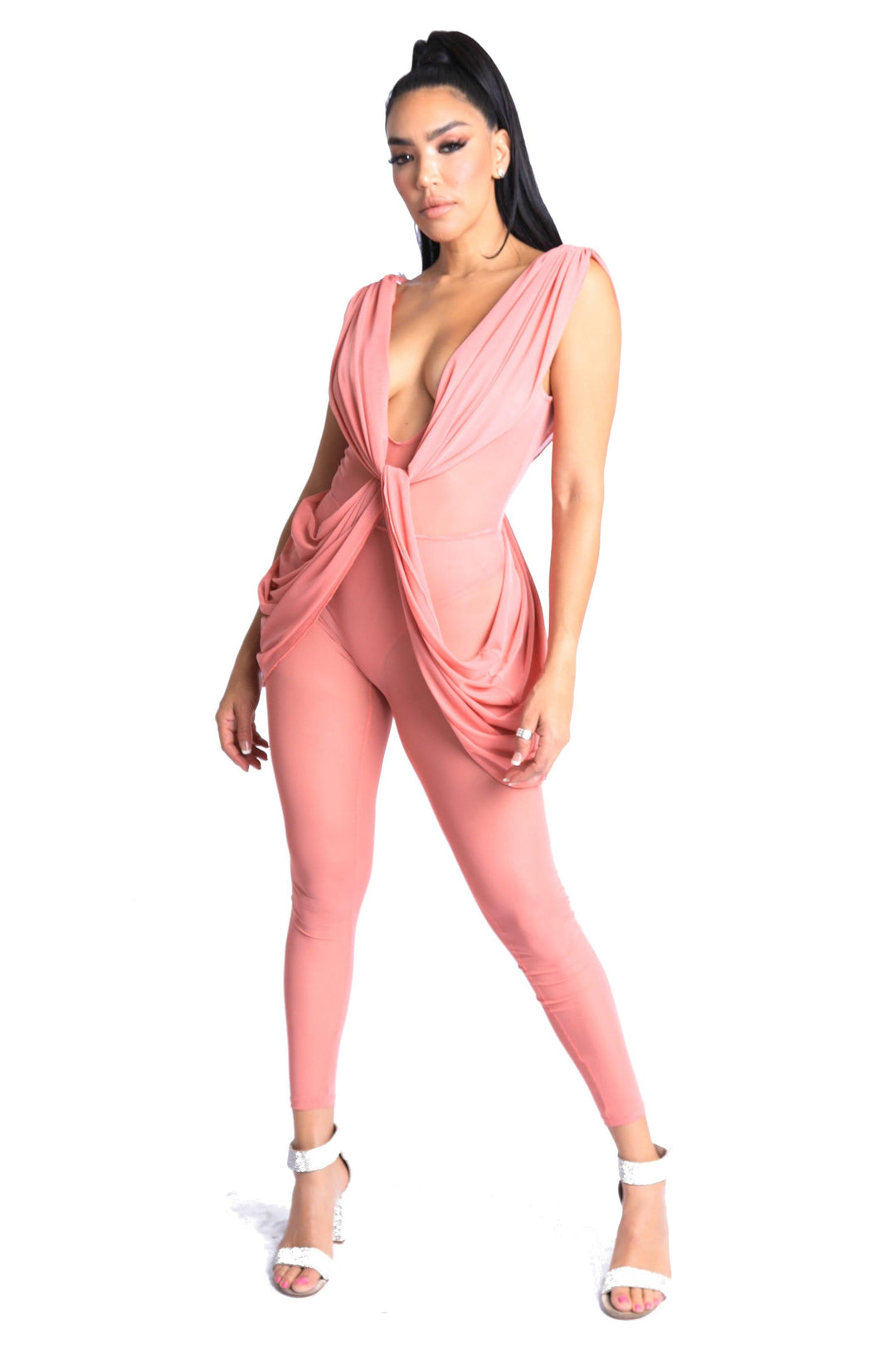 Sexy Sleeveless Lightweight Draped Mesh Jumpsuit Party Clubwear MAUVE - Brand My Case