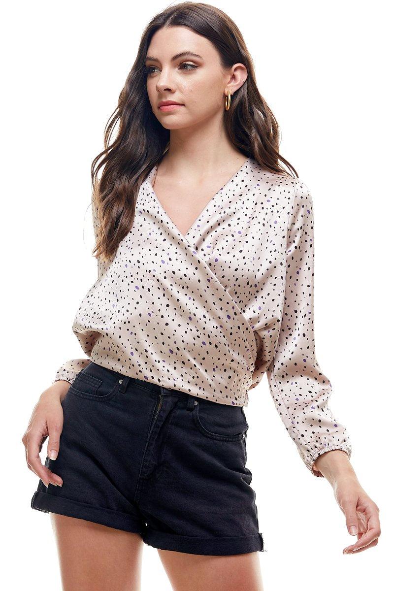 Small Dot Printed Surplice Wrap Blouse Top - Brand My Case