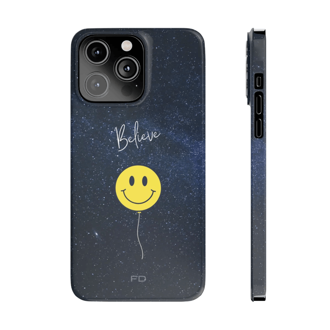 Smiley Face in Space Believe Slim Case for iPhone 14 Series - Brand My Case