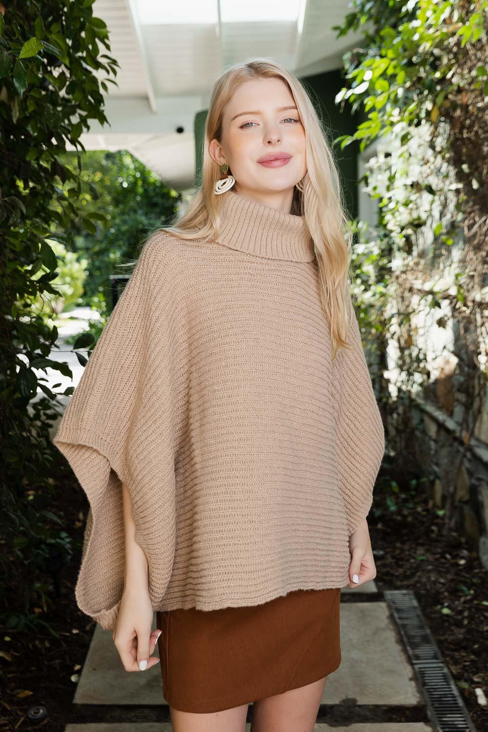 SnugStyle Turtleneck Ribbed Knit Poncho with Armholes - Brand My Case