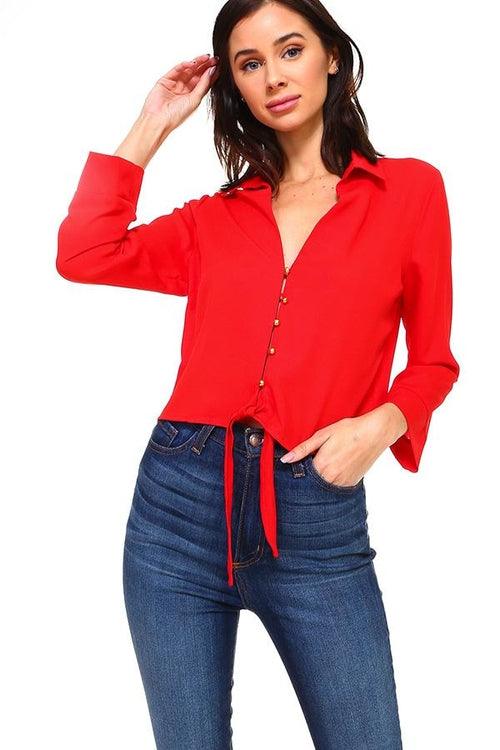 Solid Button Down Tie Front Blouse - Brand My Case