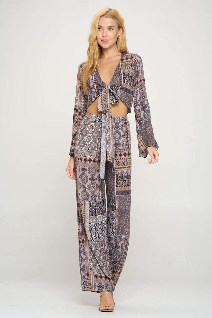Tie Front Bell Sleeve Crop Cardigan Palazzo Pants - Brand My Case