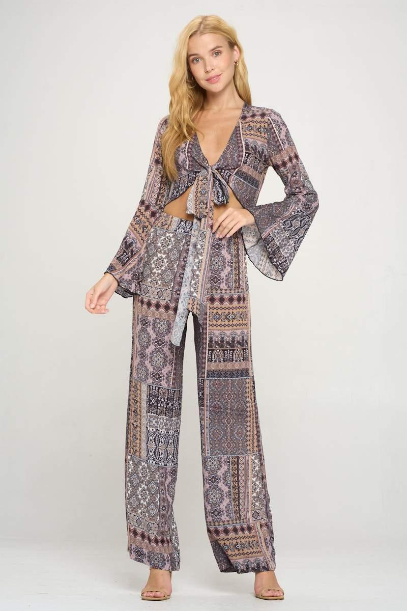 Tie Front Bell Sleeve Crop Cardigan Palazzo Pants - Brand My Case