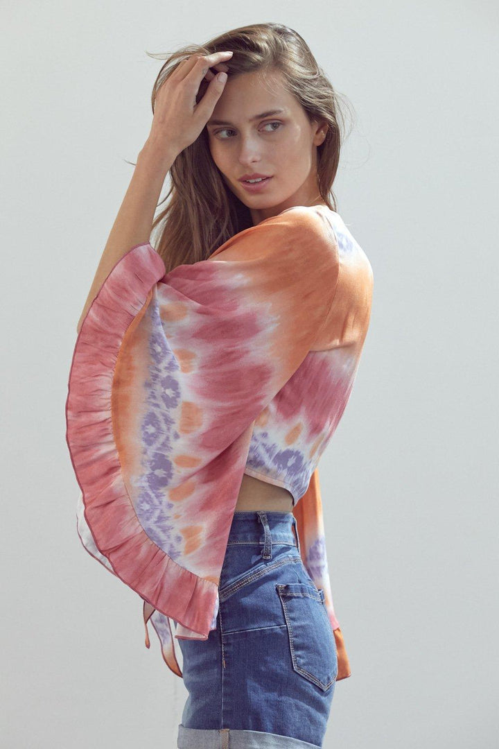 Tie Front Crop Cardigan With Wide Ruffle Sleeves In Tie Dye - Brand My Case