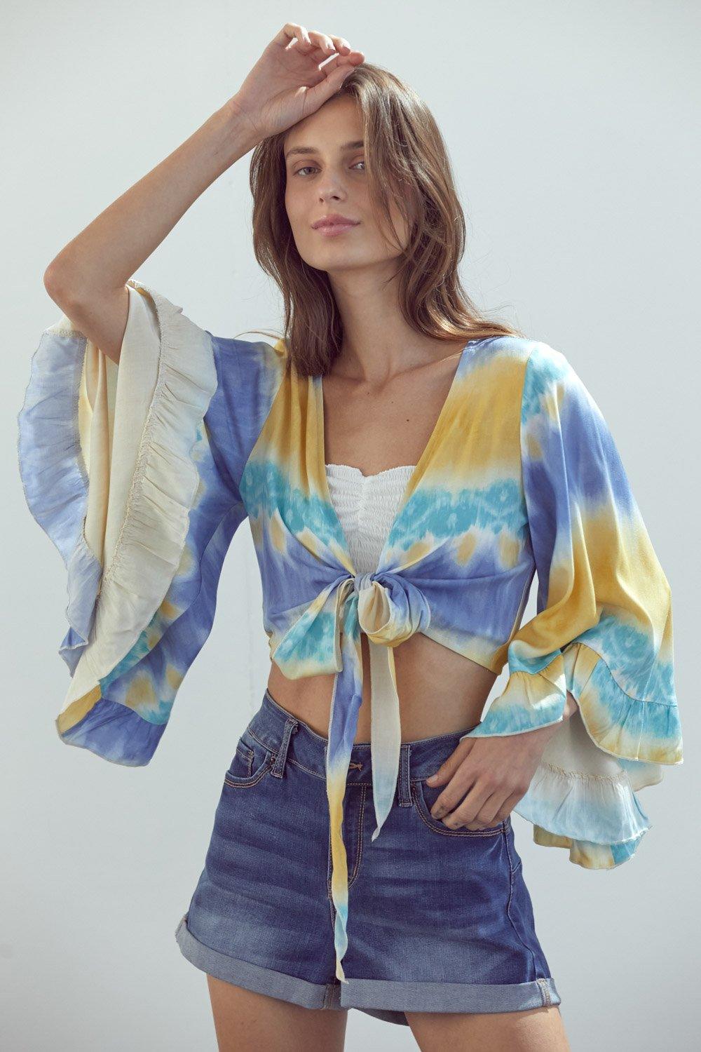 Tie Front Crop Cardigan With Wide Ruffle Sleeves In Tie Dye - Brand My Case