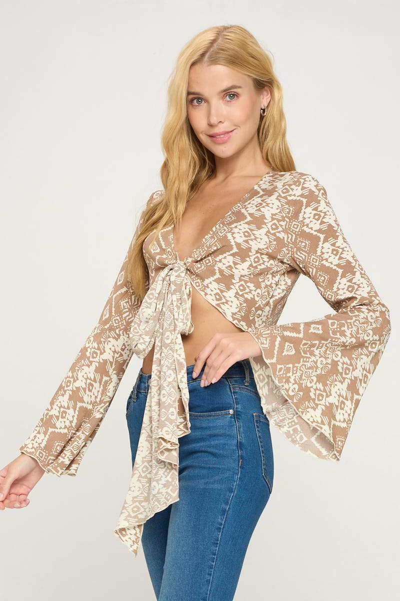 Tie Front Long Sleeve Crop Cardigan Ditsy Floral - Brand My Case