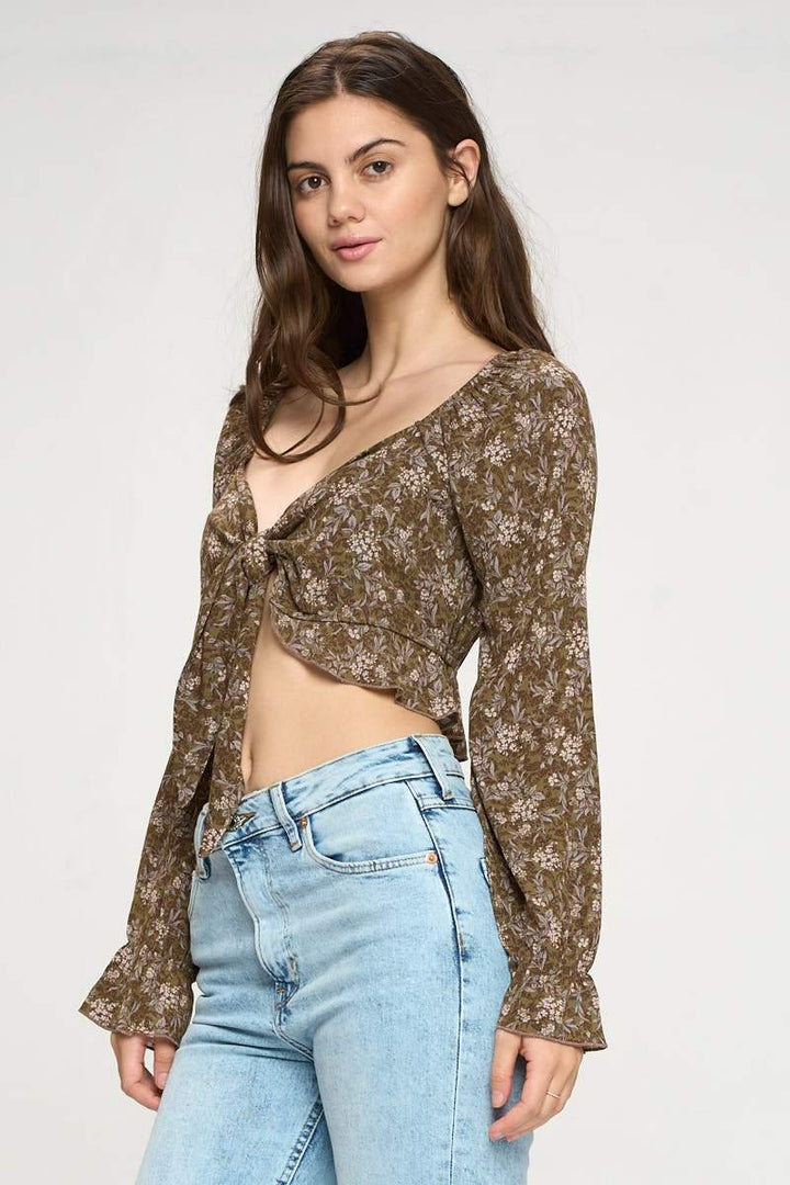 Tie Front Long Sleeve Crop Cardigan Ditsy Floral - Brand My Case