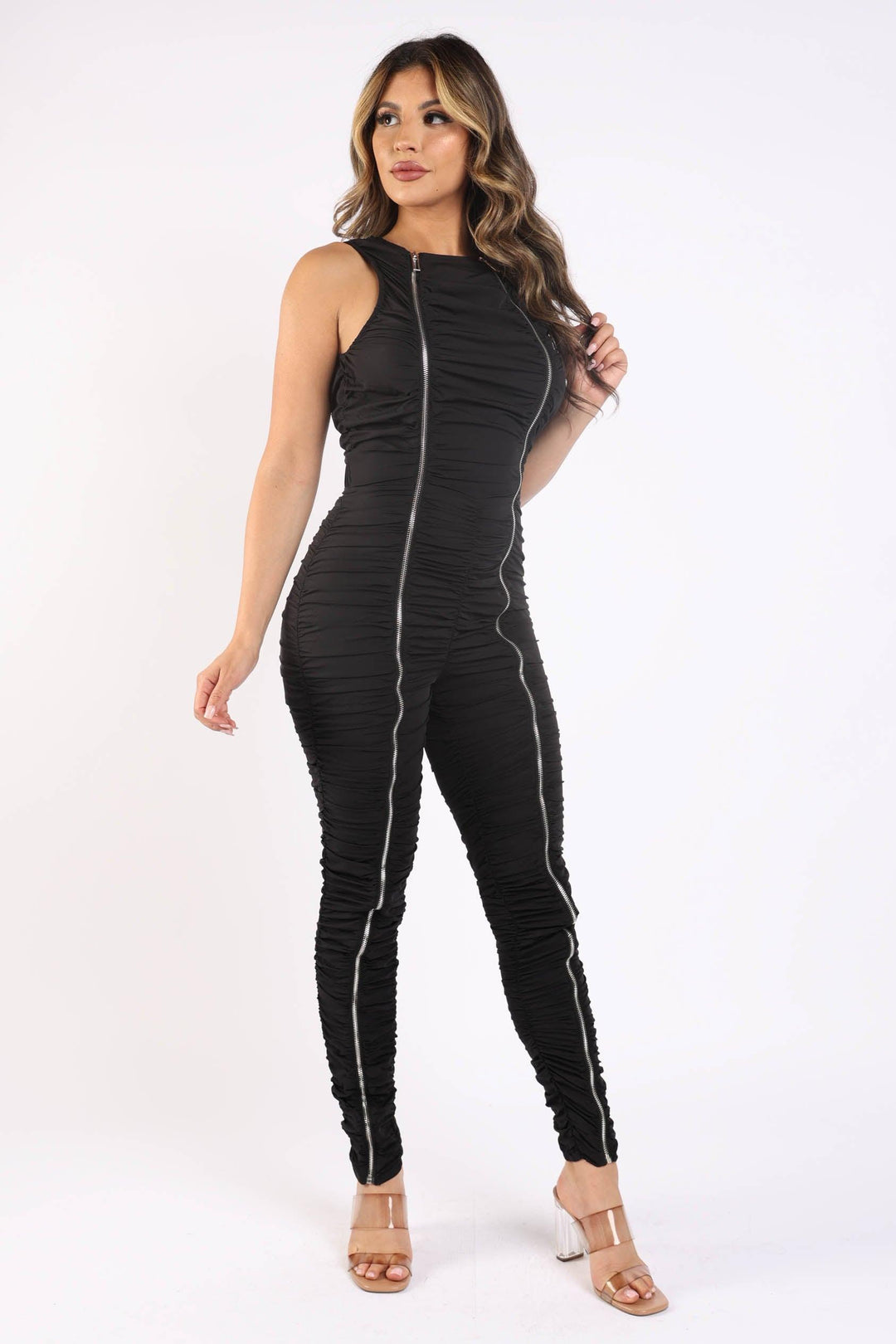 Track Zipper Ruched Jumpsuit Ruffle Dress Bodycon Jumpsuit BLACK - Brand My Case