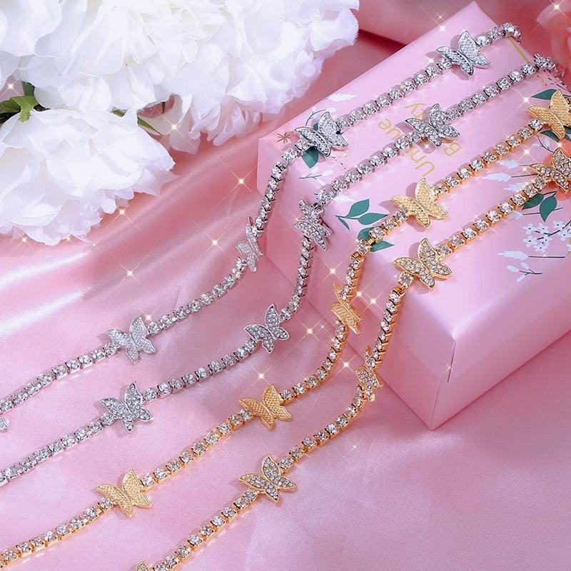 Trendy Cute Iced Out Butterfly Choker Necklaces For Women Men Gold Silver Color Tennis Chain Animals Pendant Rhinestone Jewelry - Brand My Case