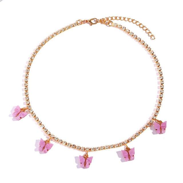 Trendy Cute Iced Out Butterfly Choker Necklaces For Women Men Gold Silver Color Tennis Chain Animals Pendant Rhinestone Jewelry - Brand My Case