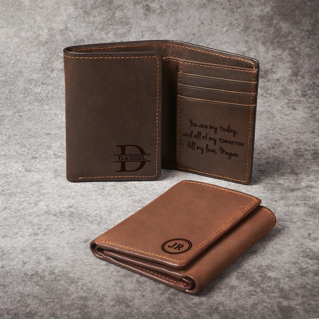 Trifold Mens Wallet, Anniversary Gift for Him, Custom Leather Wallet - Brand My Case