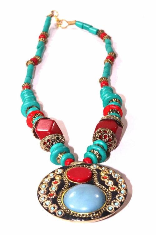 Turquoise & Red Coral Medallion Necklace - Brand My Case