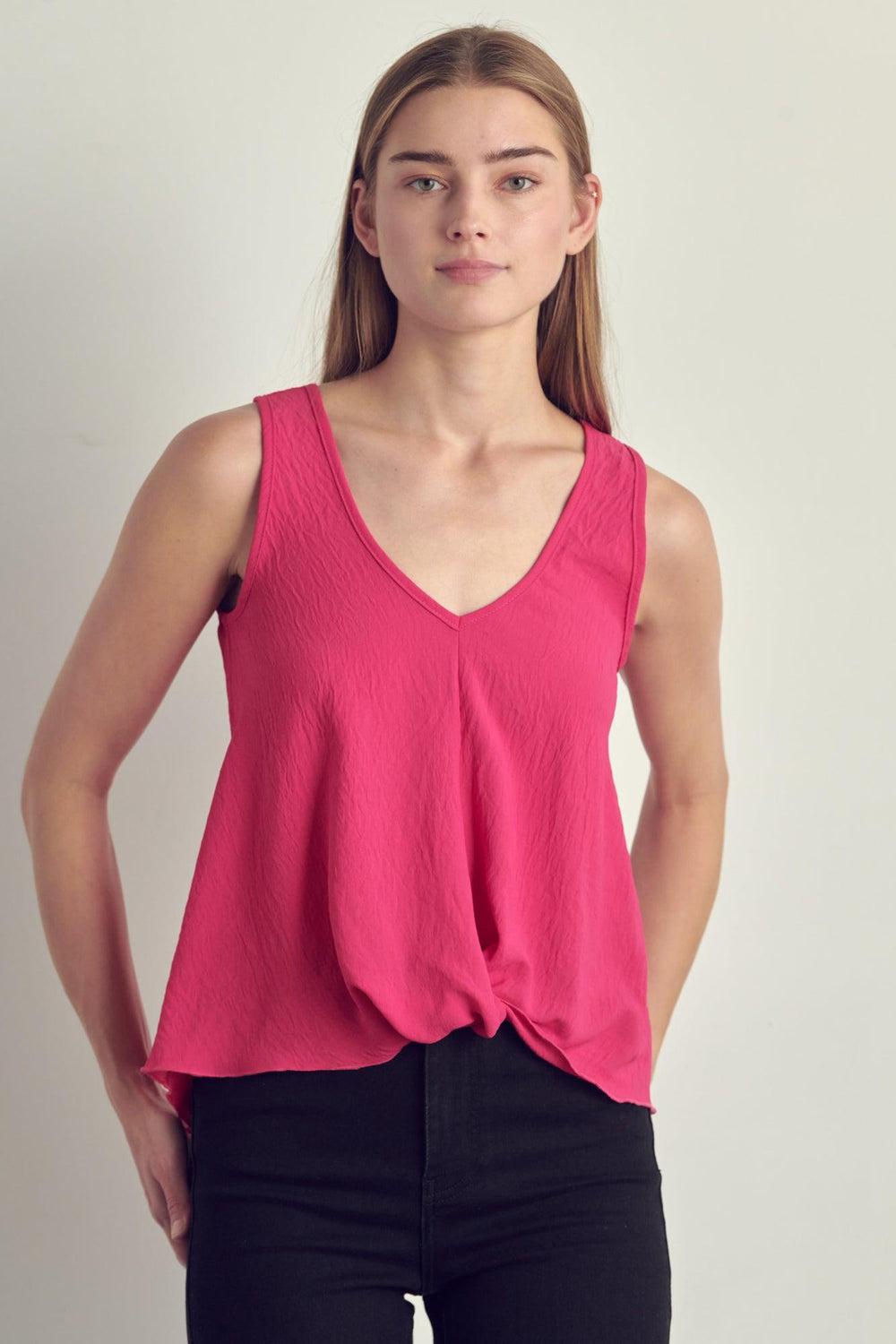 V-neck sleeveless knotted front hi-low top - Brand My Case