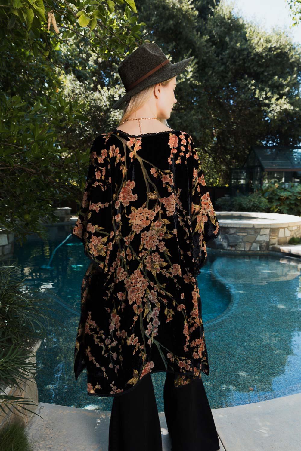 Velvet Bloom Longline Kimono w/ Cinched Armholes - Brand My Case