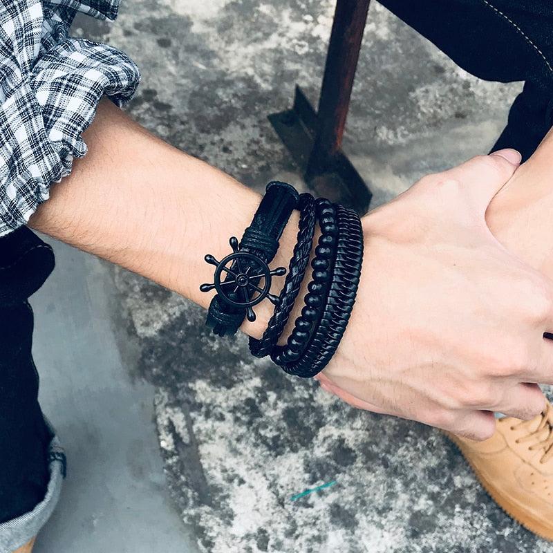 Vnox 4Pcs/ Set Braided Wrap Leather Bracelets for Men Vintage Life Tree Rudder Charm Wood Beads Ethnic Tribal Wristbands - Brand My Case