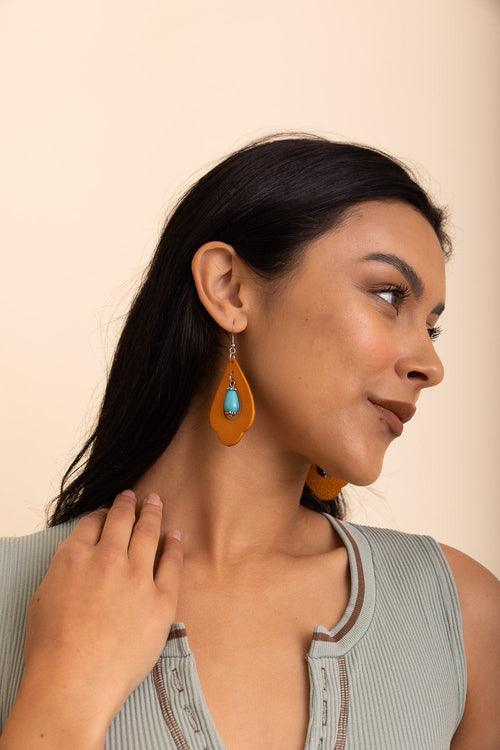 Western Leather Cutout Earrings w/ Turquoise Stone - Brand My Case