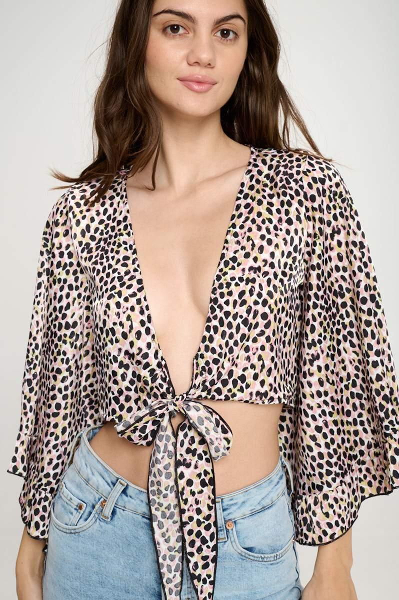 Wide Ruffle Sleeves Tie Crop Cardigan Leopard - Brand My Case