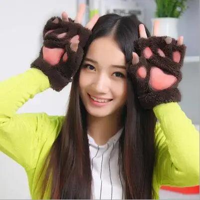 Women's Lovely Cartoon Fluffy Bear Cat Paw Mittens - Brand My Case