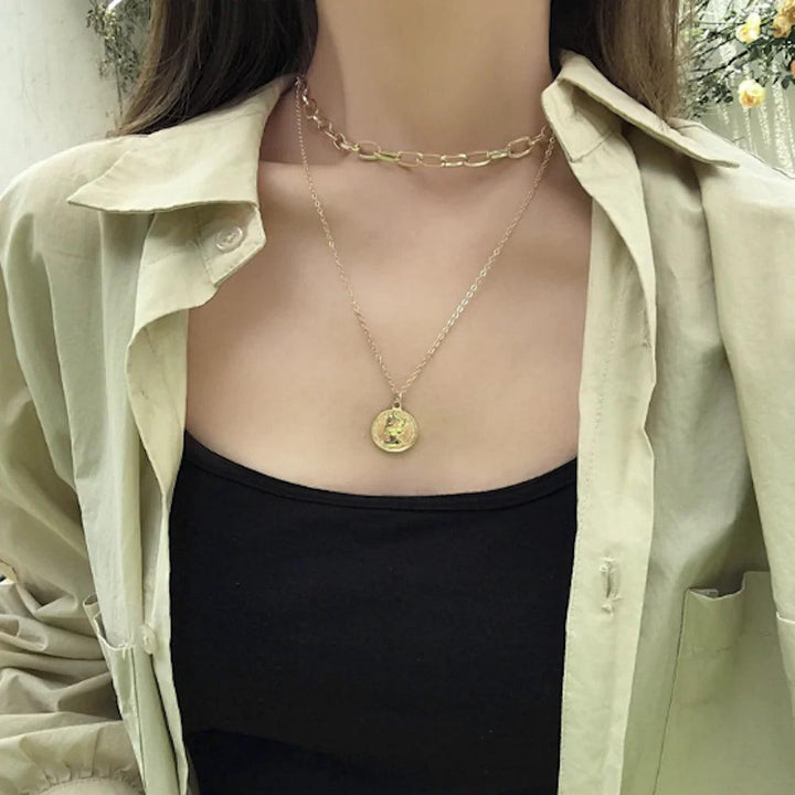 Womens Layered Look Choker Necklace with Coin Pendant - Brand My Case