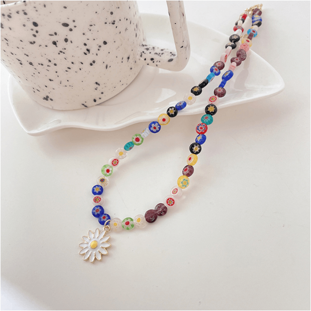 Womens Rainbow Beaded Necklace With Daisy Pendant - Brand My Case