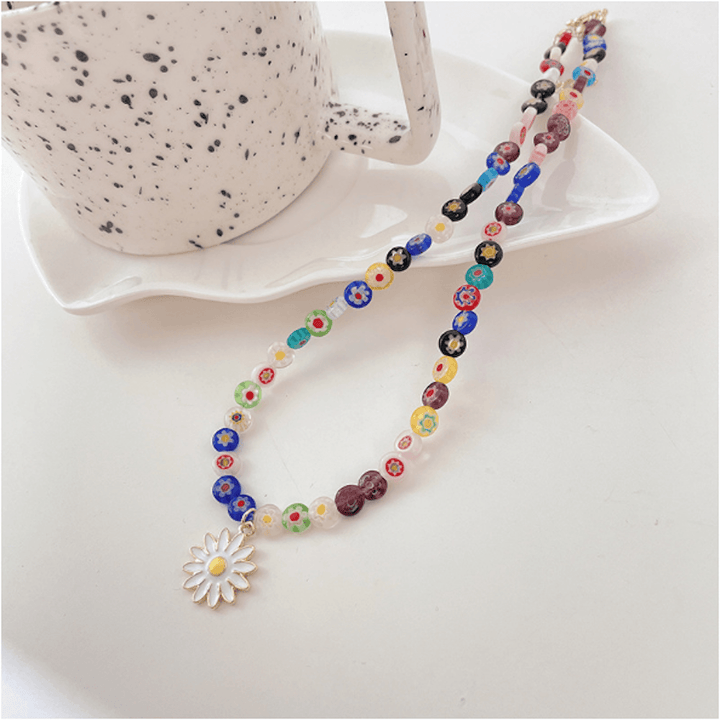 Womens Rainbow Beaded Necklace With Daisy Pendant - Brand My Case