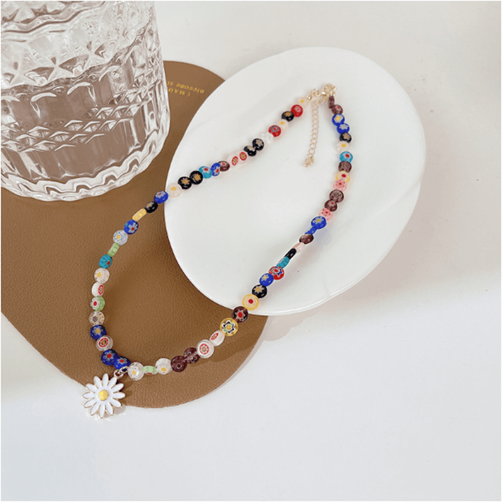 Womens Rainbow Beaded Necklace With Daisy Pendant - Brand My Case