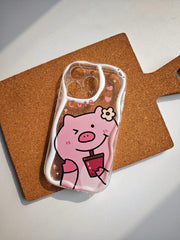 Cartoon Pig Pattern Phone Case With Lanyard - Brand My Case