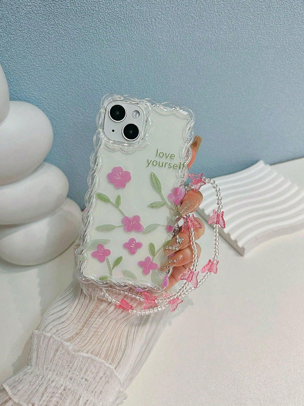 Floral Pattern Clear Phone Case With Lanyard - Brand My Case