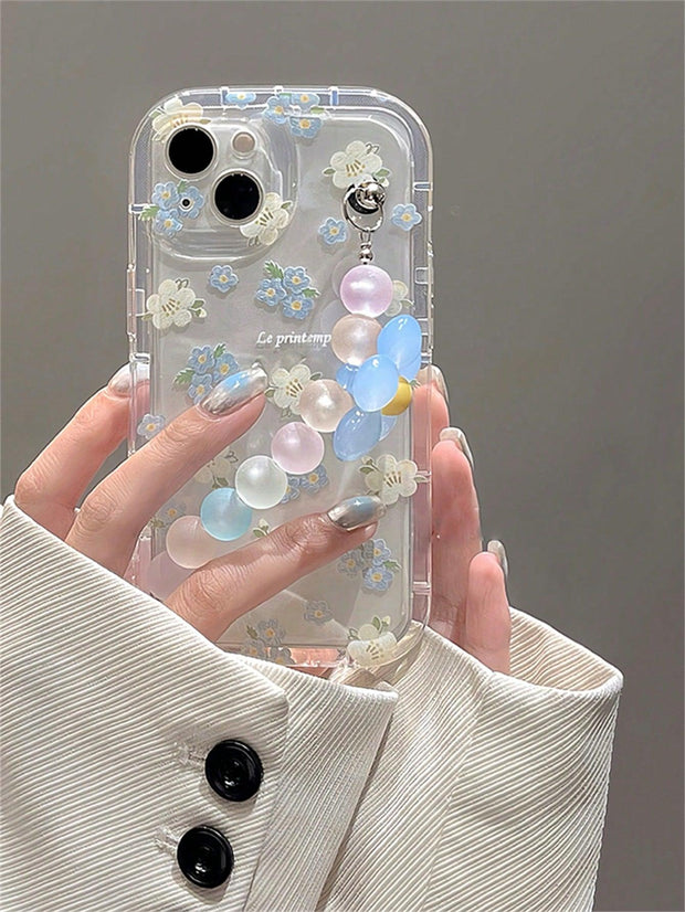 Floral Pattern Phone Case With Flower Pendant Handstrap - Brand My Case