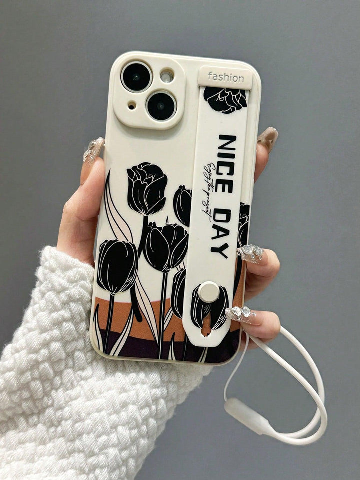Flower Pattern Phone Case With Wrist Strap Lanyard - Brand My Case