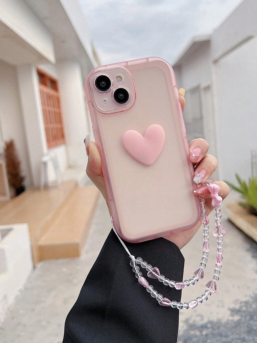 Heart Decor Clear Phone Case With Lanyard - Brand My Case