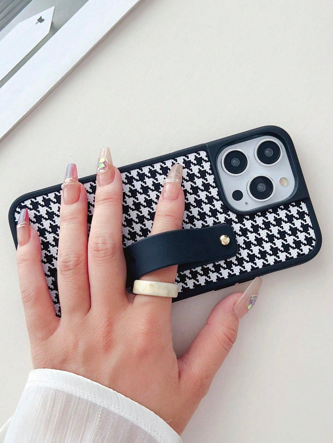 Houndstooth Phone Case With Push Pull Holder - Brand My Case
