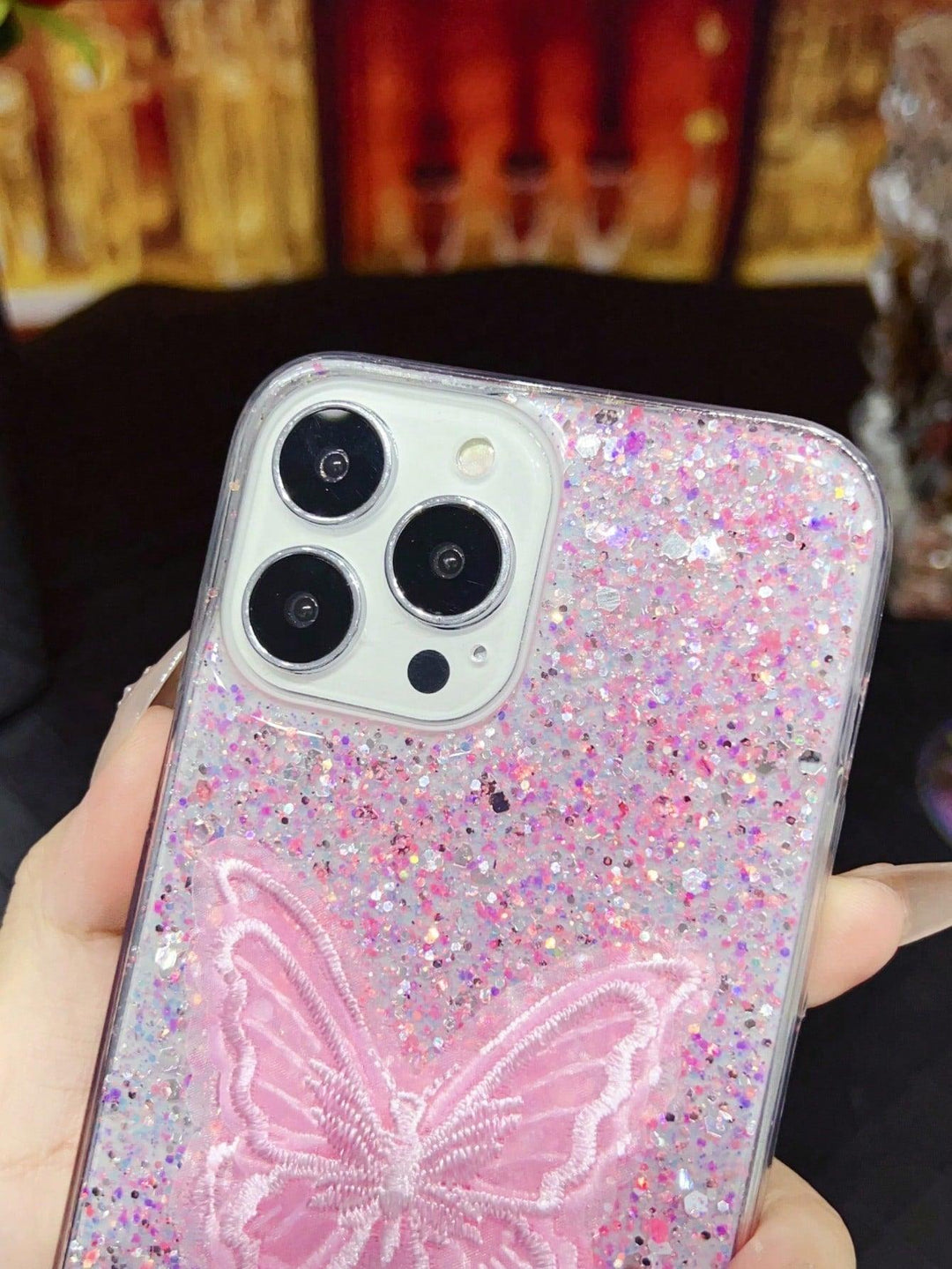 Pink Sequin Butterfly Decor Phone Case - Brand My Case