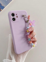 Plain Phone Case With Flower Design Beaded Lanyard - Brand My Case