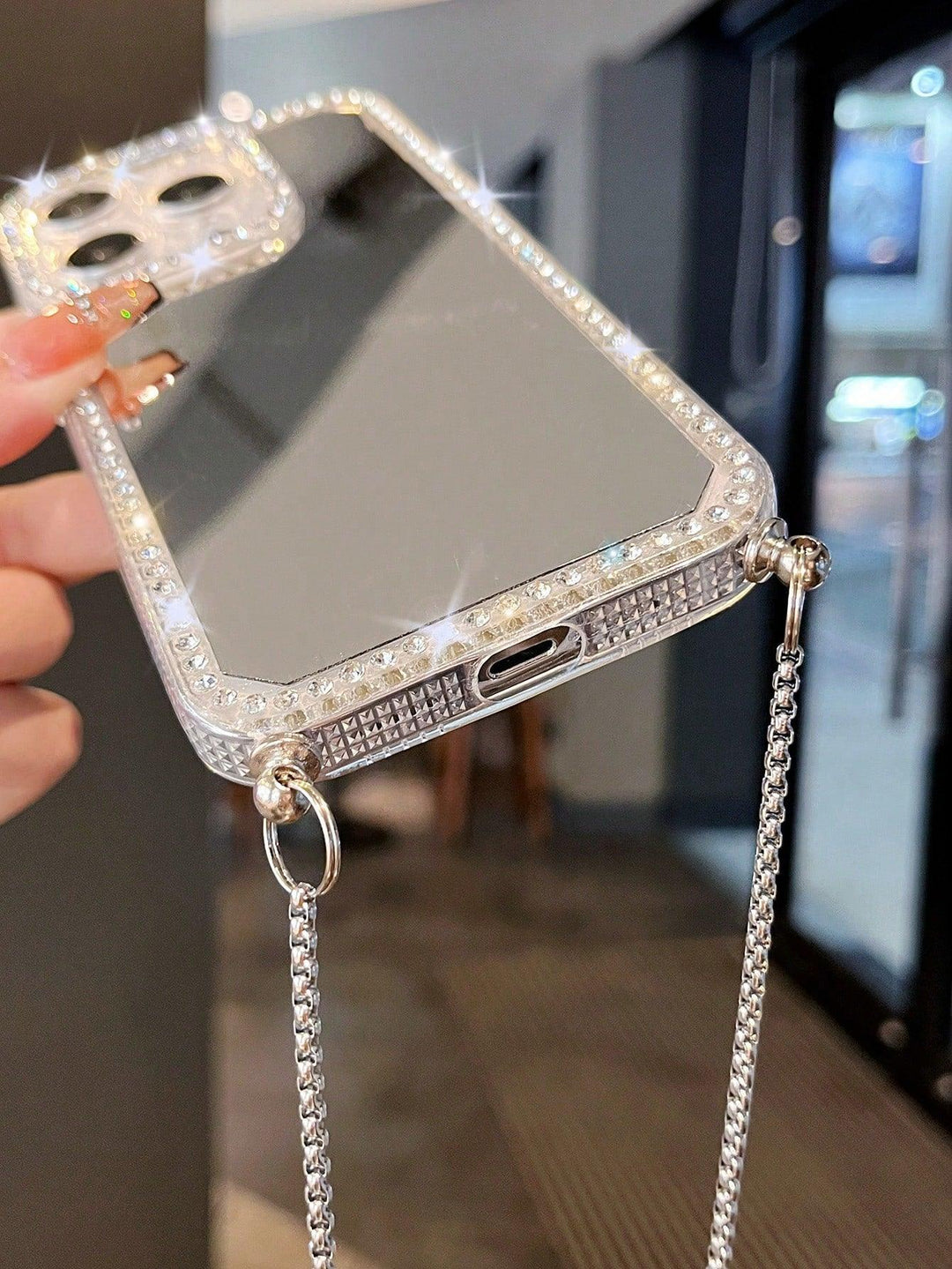 Rhinestone Decor Mirror Phone Case With Lanyard - Brand My Case