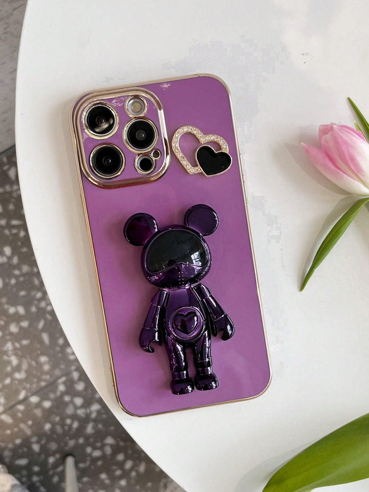Rhinestone Heart Decor Phone Case w/ Bear Design Holder - Brand My Case