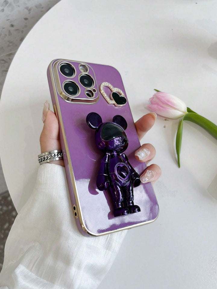 Rhinestone Heart Decor Phone Case w/ Bear Design Holder - Brand My Case