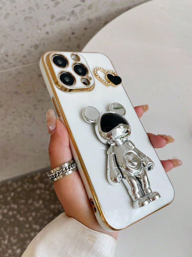 Rhinestone Heart Decor Phone Case With Bear Design Holder - Brand My Case