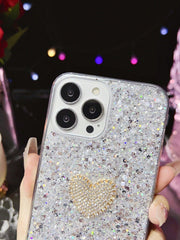 Sequin Rhinestone Heart Decor Phone Case - Brand My Case