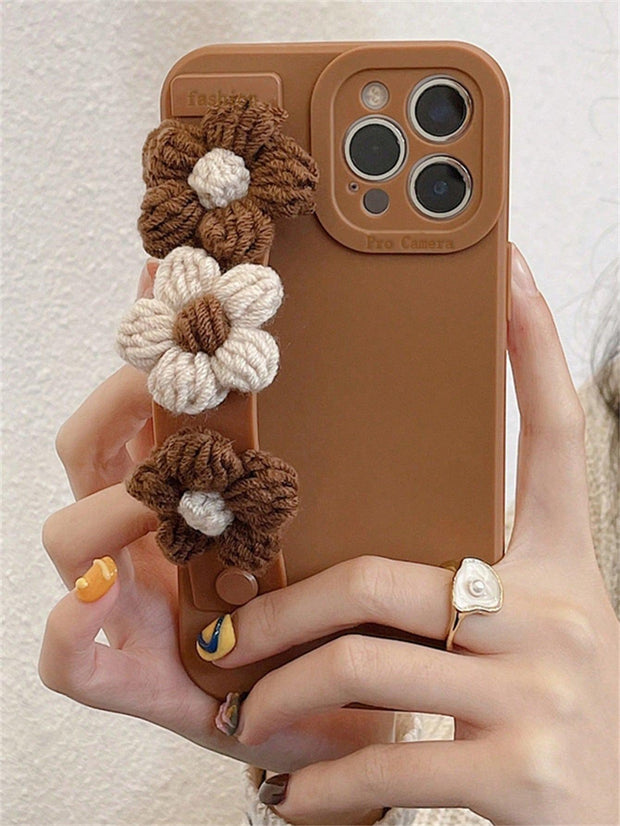 Solid Phone Case With Flower Decor Wrist Strap - Brand My Case